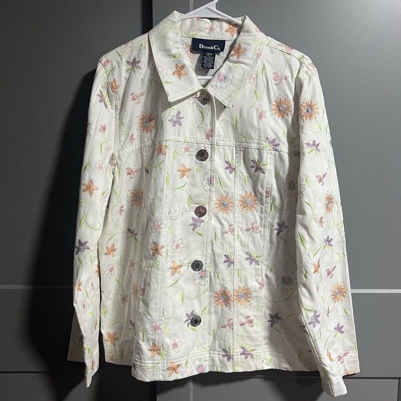 NWT Denim & Co Button Front Embroider Floral White Denim Jacket L Cottagecore - Picture 1 of 7